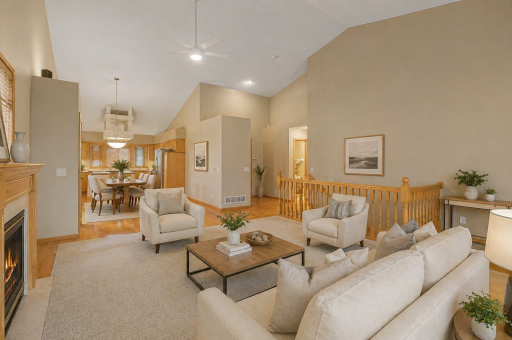 Virtually staged main-level living room showing a spacious gathering area with fireplace, vaulted ceilings, and seamless flow into the dining area and kitchen.