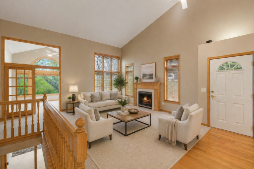 Virtually staged main-level living room featuring soaring vaulted ceilings, fireplace, and a welcoming layout that highlights the open-concept design.