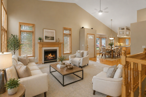 Virtually staged main-level living room highlighting comfortable seating possibilities, tall windows, fireplace, and the bright open feel of the main floor living space.