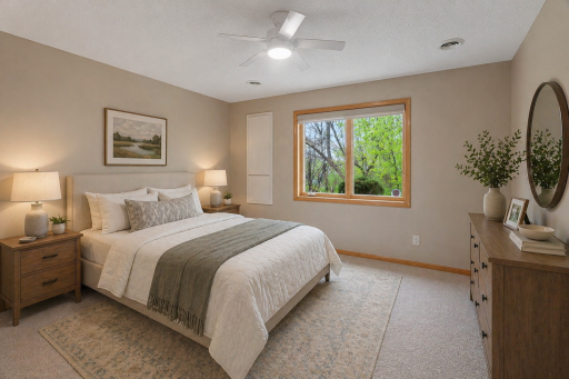 Virtually staged lower-level bedroom showing a possible furniture layout with generous space, large window views, and a peaceful retreat feel.