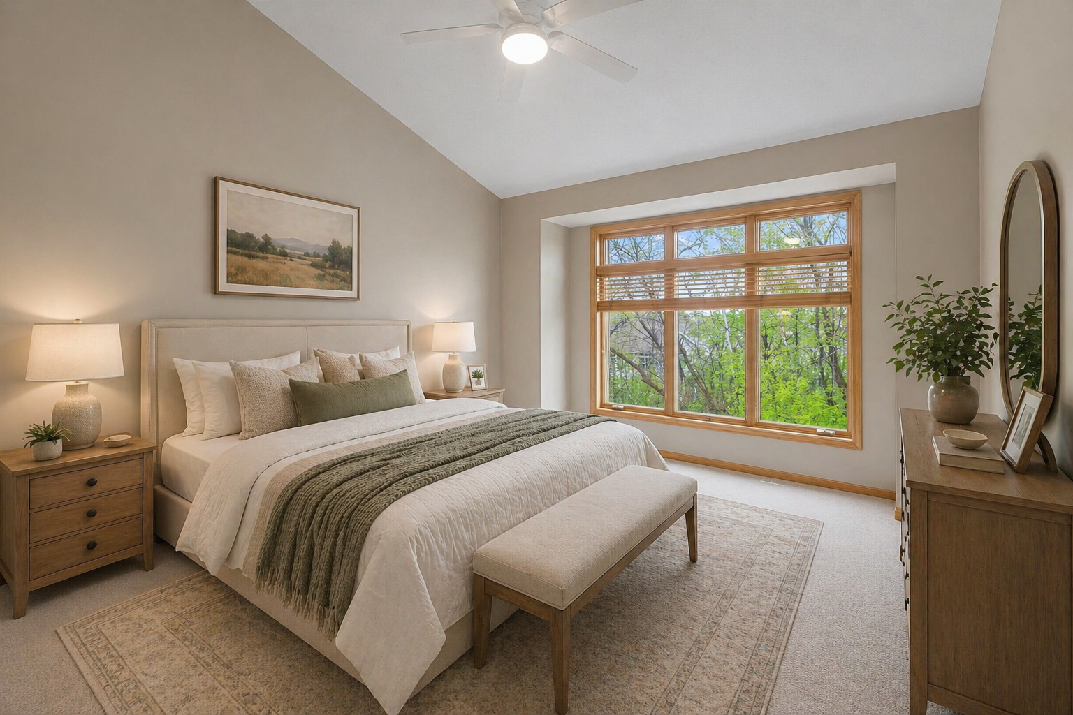 Virtually staged primary bedroom illustrating a possible layout with vaulted ceilings, large windows, and plenty of room for a king-sized bed and additional seating.