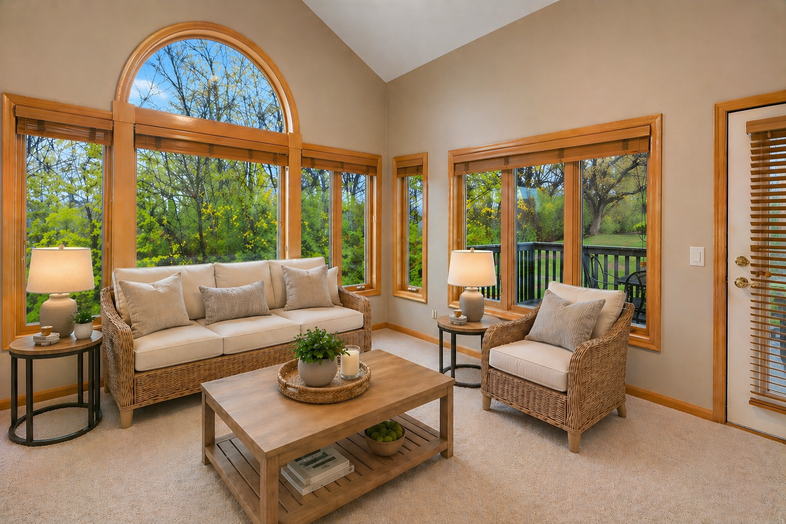 Virtually staged sunroom showcasing a warm and inviting layout with expansive windows, vaulted ceilings, and a relaxing space to enjoy the peaceful backyard setting.