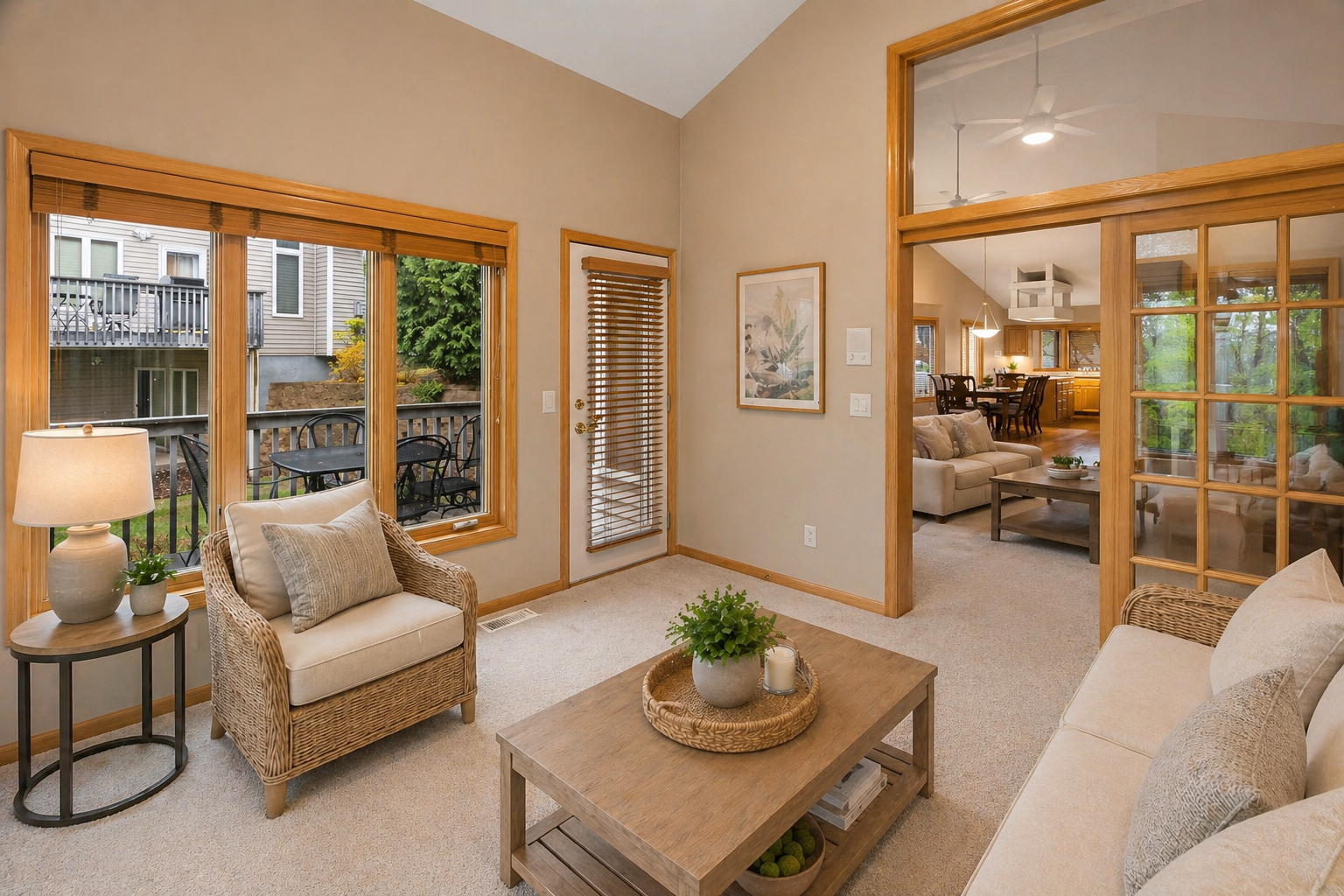 Virtually staged sunroom demonstrating a possible sitting area with vaulted ceilings, abundant natural light, deck access, and beautiful nature views.