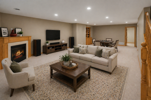 Virtually staged inviting lower-level living space with comfortable seating and fireplace, ideal for relaxing and family gatherings.