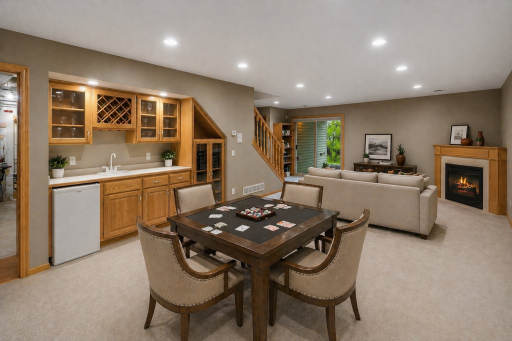 Virtually staged spacious lower-level rec room featuring a dedicated game area—perfect for family gatherings, card games, and entertaining.