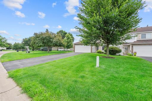 Grassy front yard with extra long driveway for all your guests