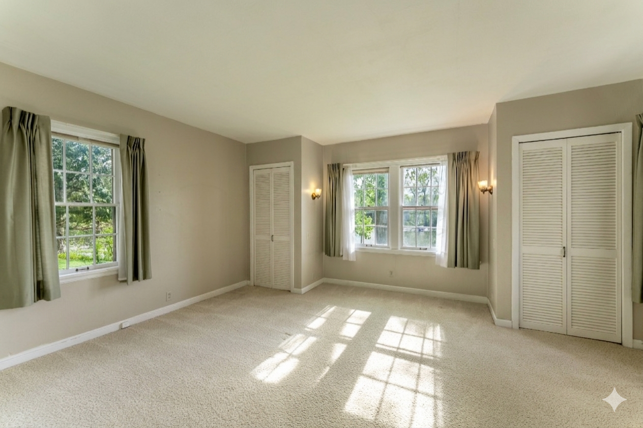 Main floor bedroom boasts lake views and two closets.