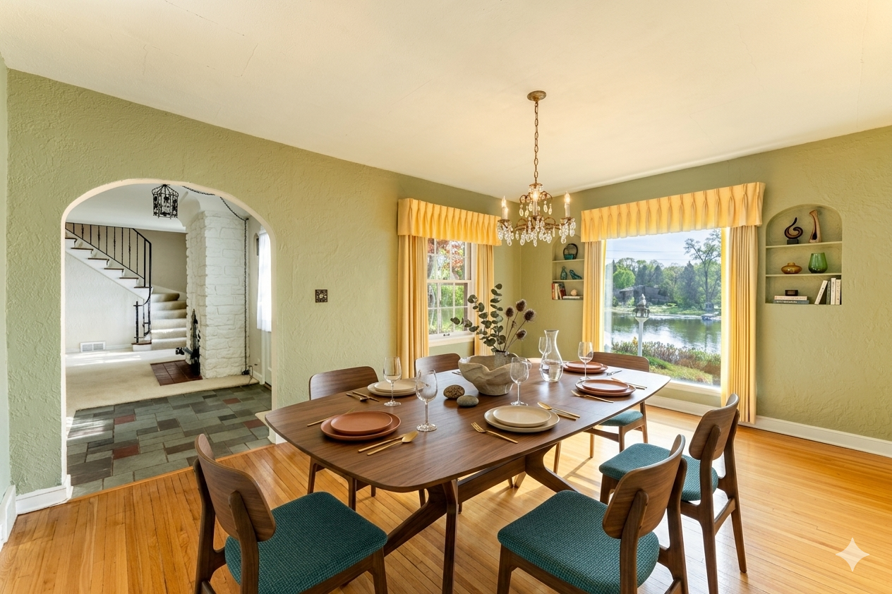 Sun-drenched hardwoods, a classic chandelier, and a picture window framing the lake views, your dinner parties just found their room. (Photo virtually staged)