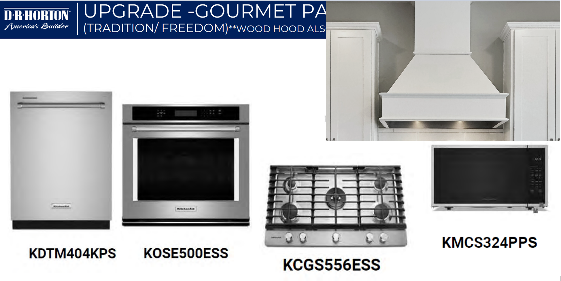 Gourmet Appliance Package with the wood hood - cabinets are dark grey, not white.