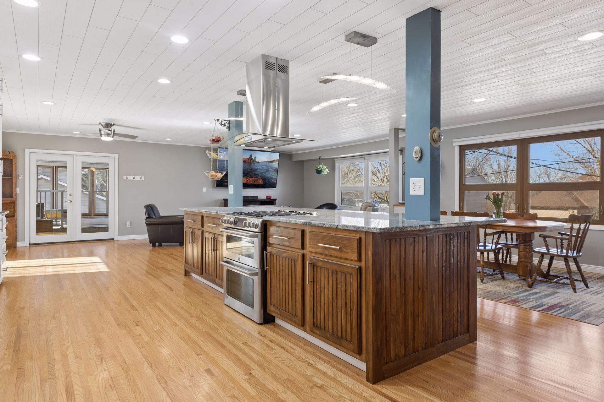 The island opens up to the living room.