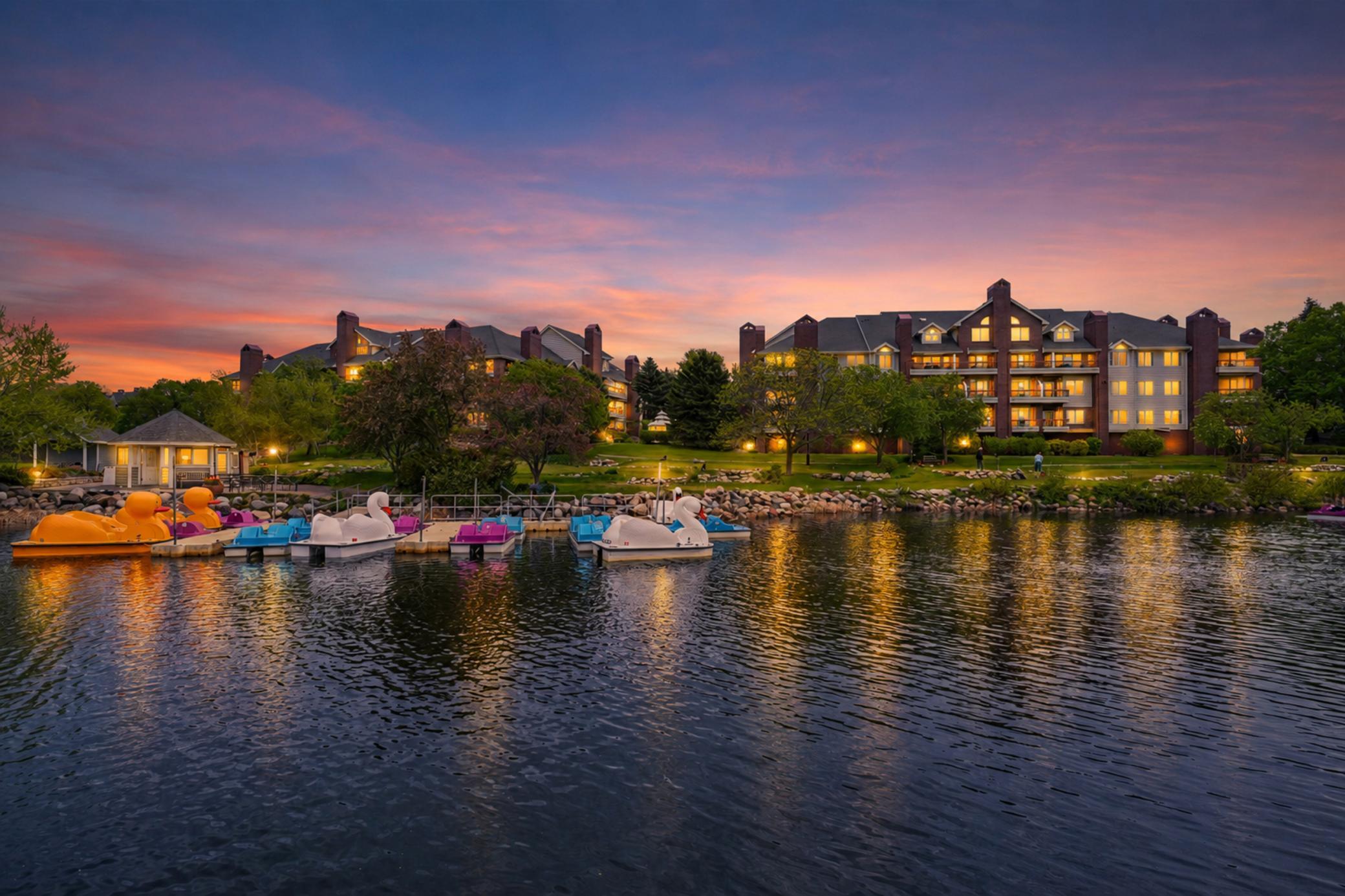 Centennial Lakes Park at dusk-rent a boat, or ice skate in the winter!