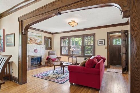 Gorgeous Living Room with Fireplace, Hardwood Floor & Old World Charm