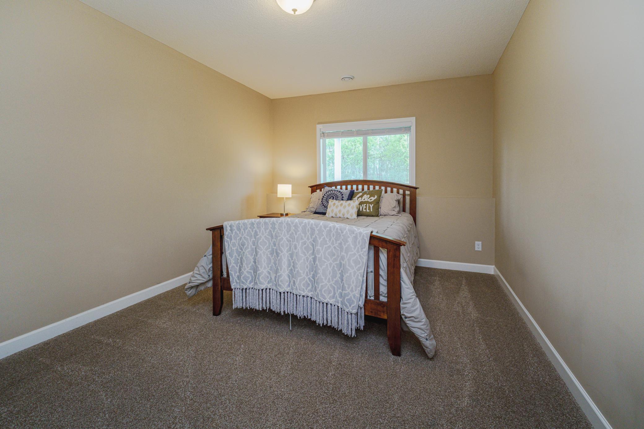 The lower level bedrooms are generous in size and have a large windows and white trim. Both rooms have walk-in closets. This room overlooks the backyard and has daylight windows.