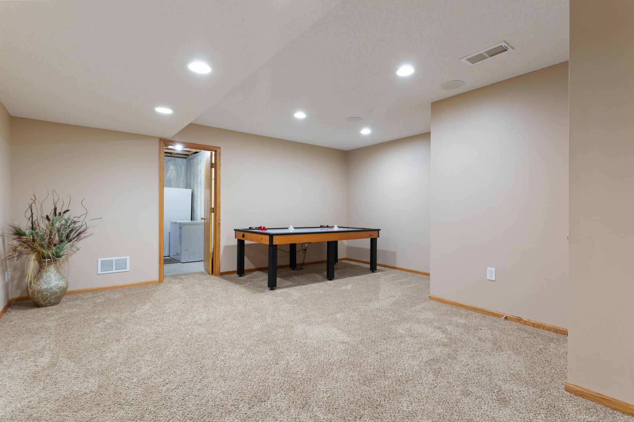 Lower Level FLEX room- Great for a Game Room, a Craft Room, Workout Room, Office space.... The opportunities are endless. PLUS, lots of recess lighting AND storage under staircase and entrance to Utility Room with Extra Storage and Shelving