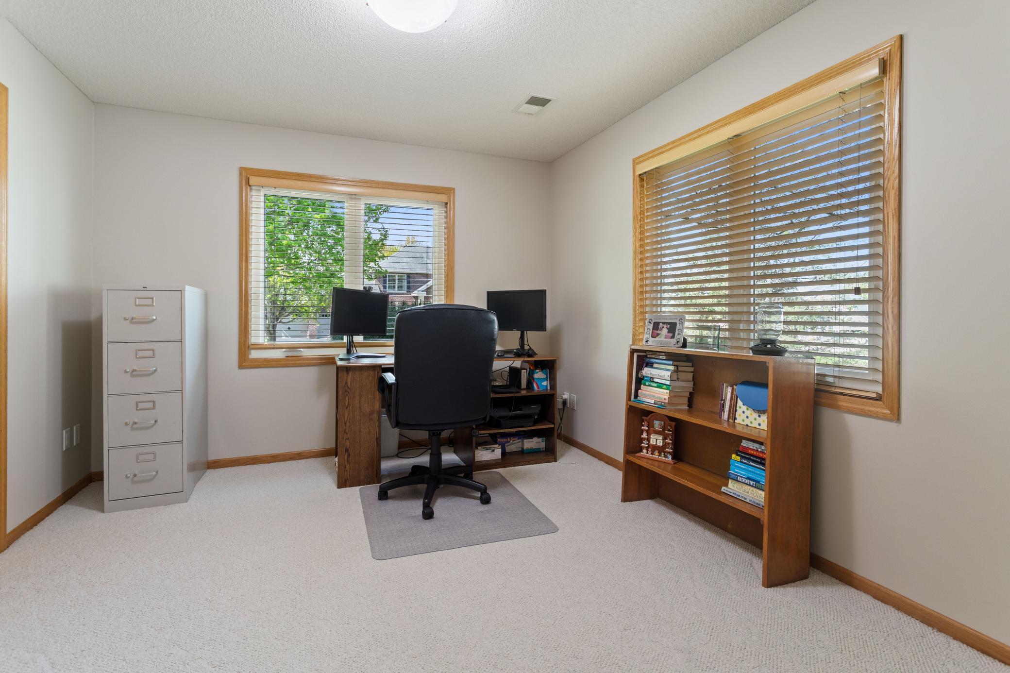 Lower Level Bedroom #5. Current use is an in-home office. Glass french doors welcome you, plus 2 windows with wood blinds and a generous sized closet.