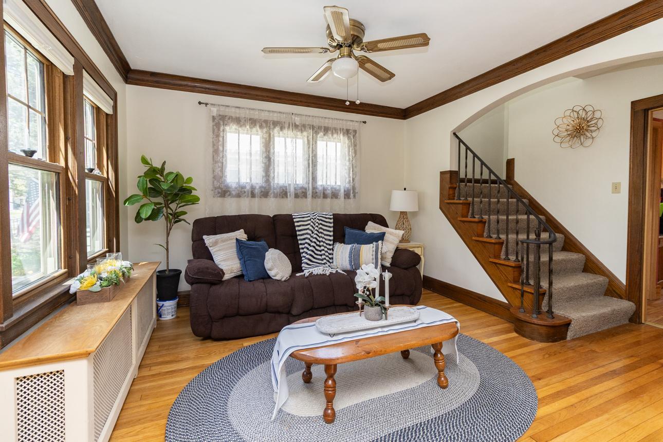 Living room with window bench