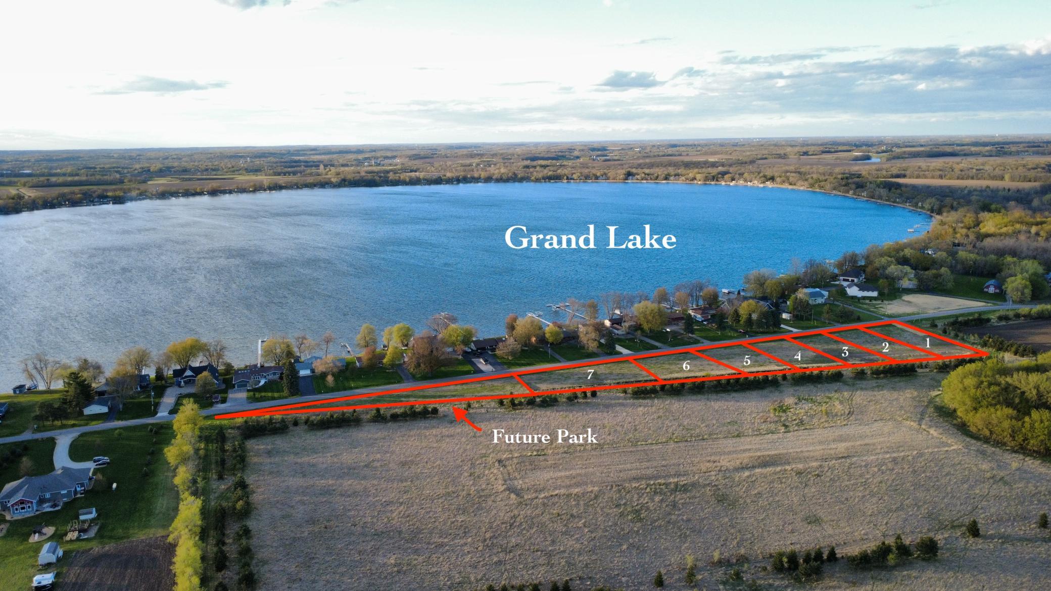 Aerial View of all 7 lots, Grand Lake, and future park (the lines are approximate).jpg