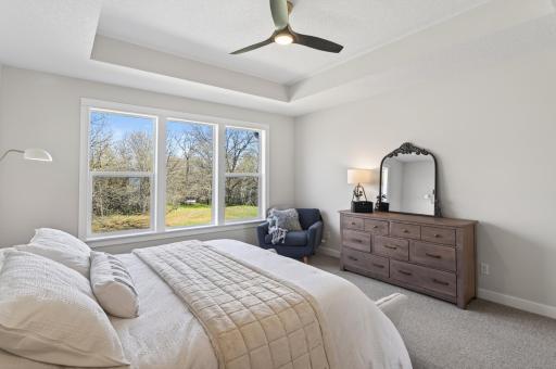 The spacious primary suite is privately situated on one side of the home and features a tray ceiling, beautiful backyard views