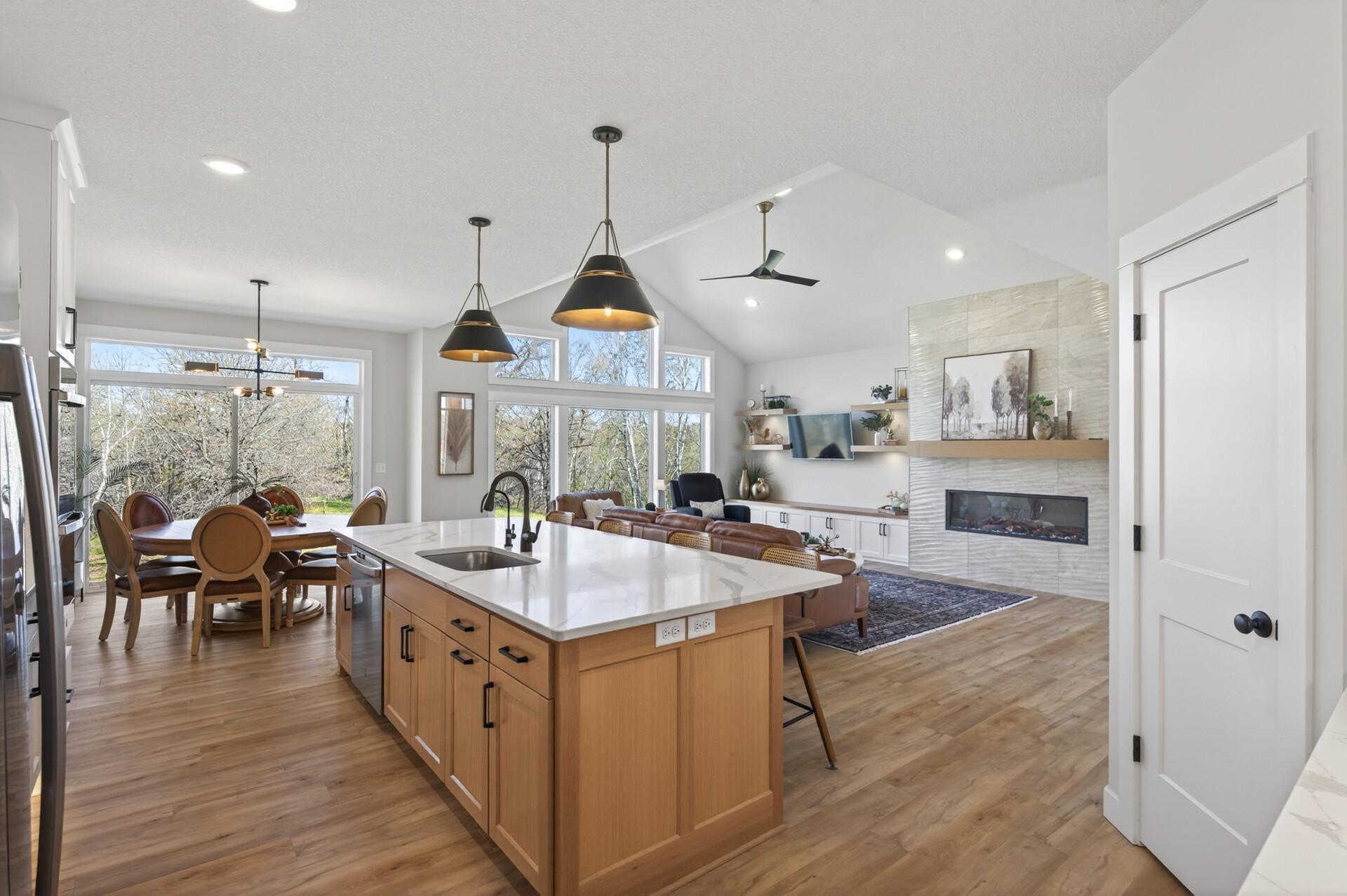 large center island with white oak accents