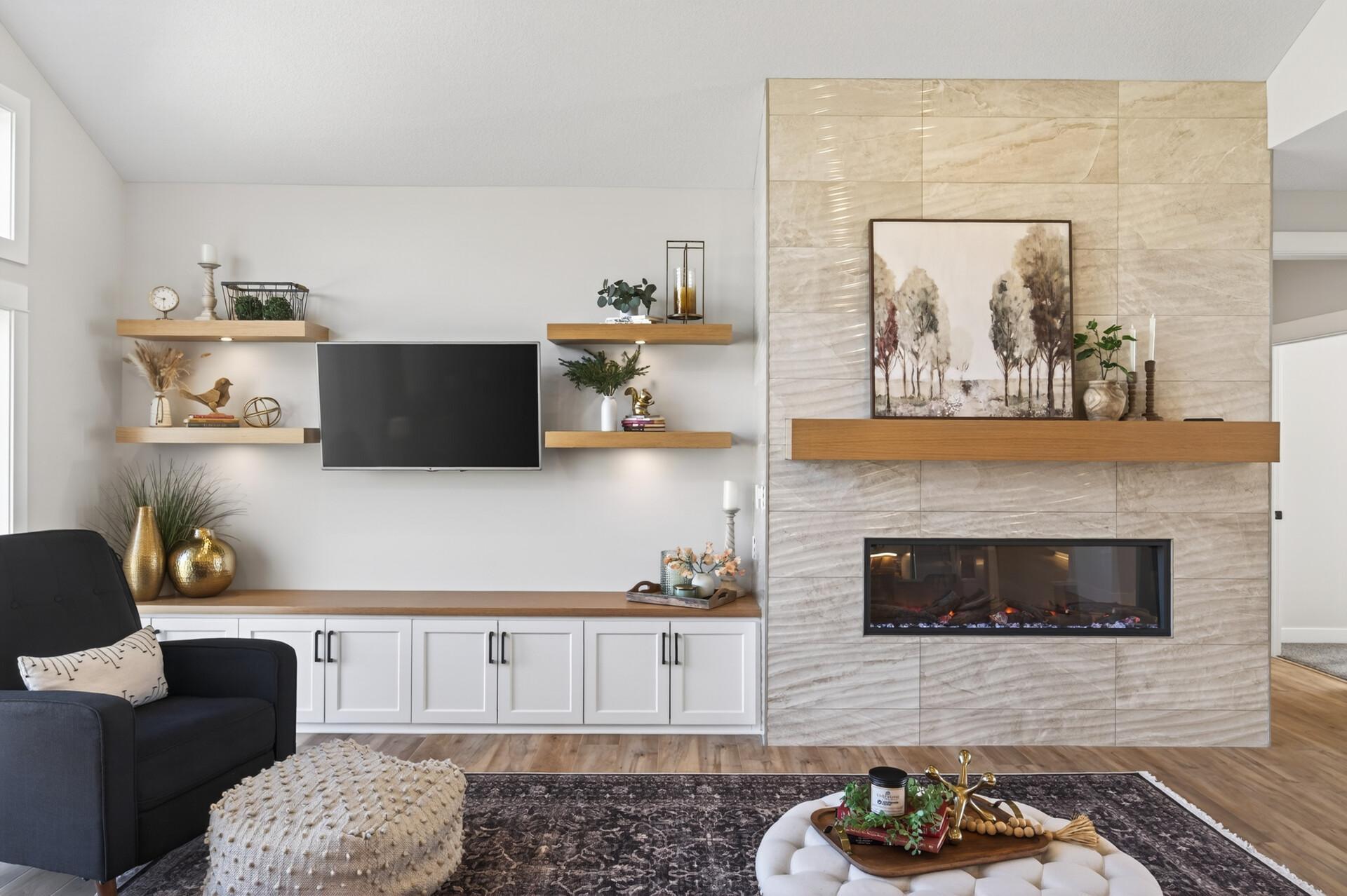 Featuring floating shelves, and a beautiful white oak mantle.