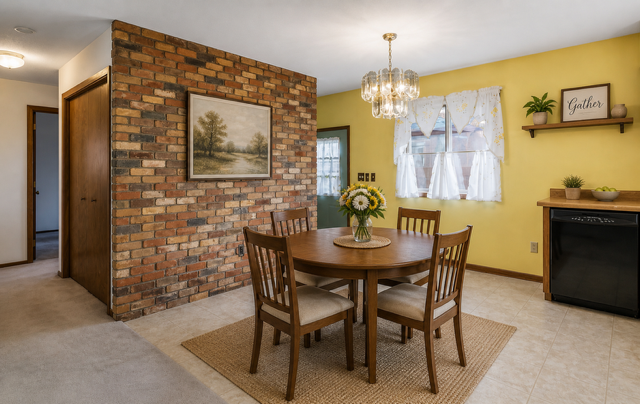 The dining room is highlighted by a warm accent wall and a distinctive brick feature wall that adds character and visual interest.