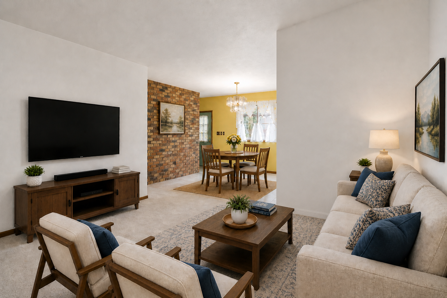 This living room offers a spacious and versatile layout with clean, neutral finishes throughout. The space flows seamlessly into the adjacent dining area, enhancing the sense of openness.