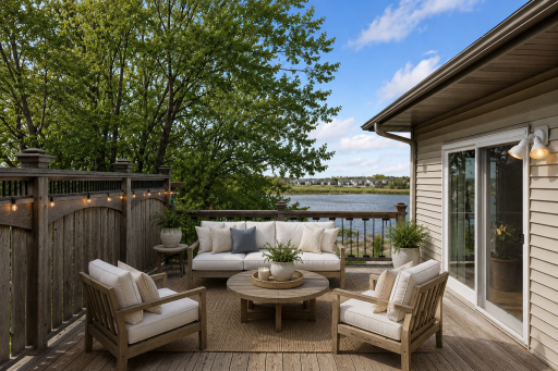 Relax on the deck (off main level) and enjoy tranquil views overlooking the lake. (Virtually staged.)