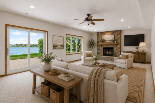 Lower level family room with walkout access to the backyard and flexible space for relaxing and entertaining. (Virtually staged.)