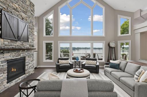 Vaulted wall of windows frame long views of Jennings Bay.