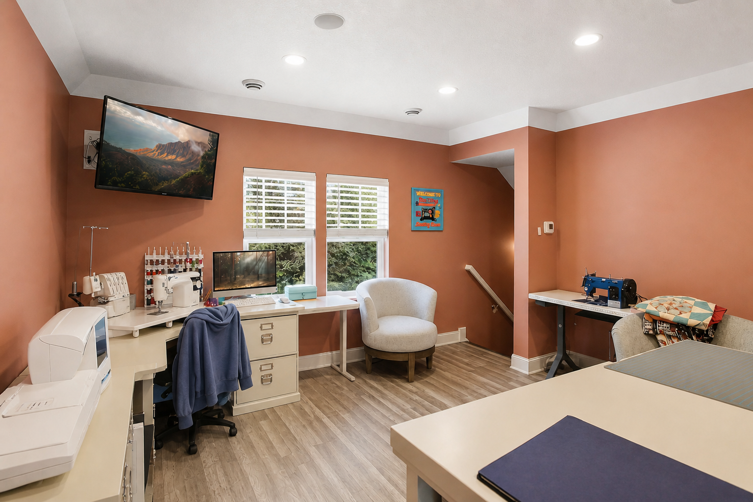 Bright workspace with windows for natural light - ideal for working from home or creative projects.