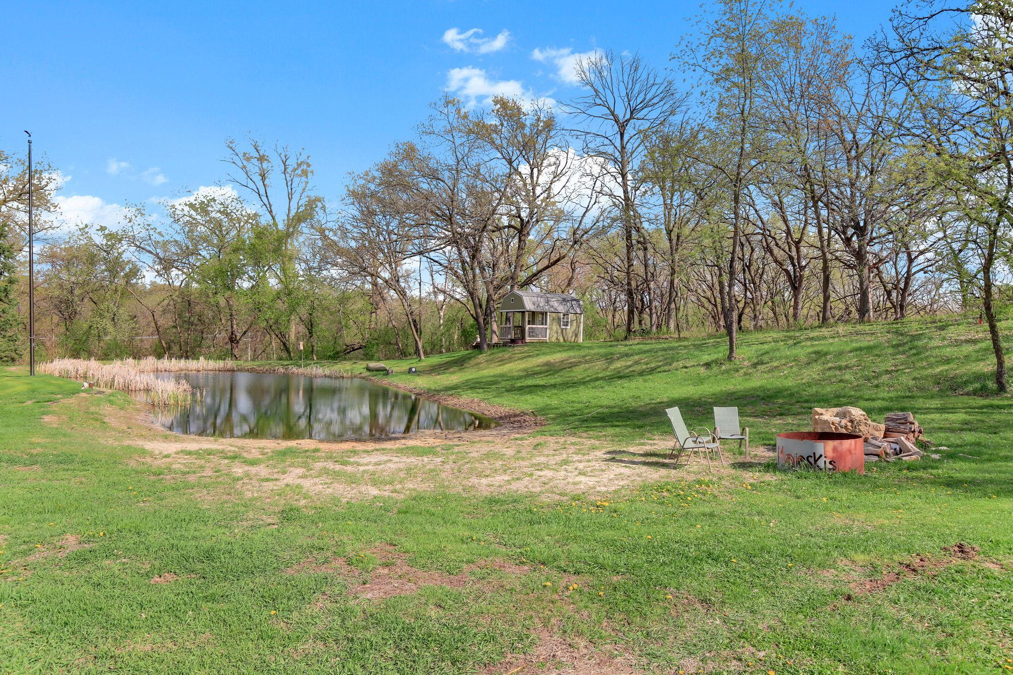 Private Pond Setting with open space and firepit area - great for relaxing, entertaining, or enjoying the outdoors.