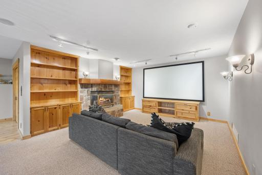 Lower level family. room with hickory built-ins and warm gas fireplace.