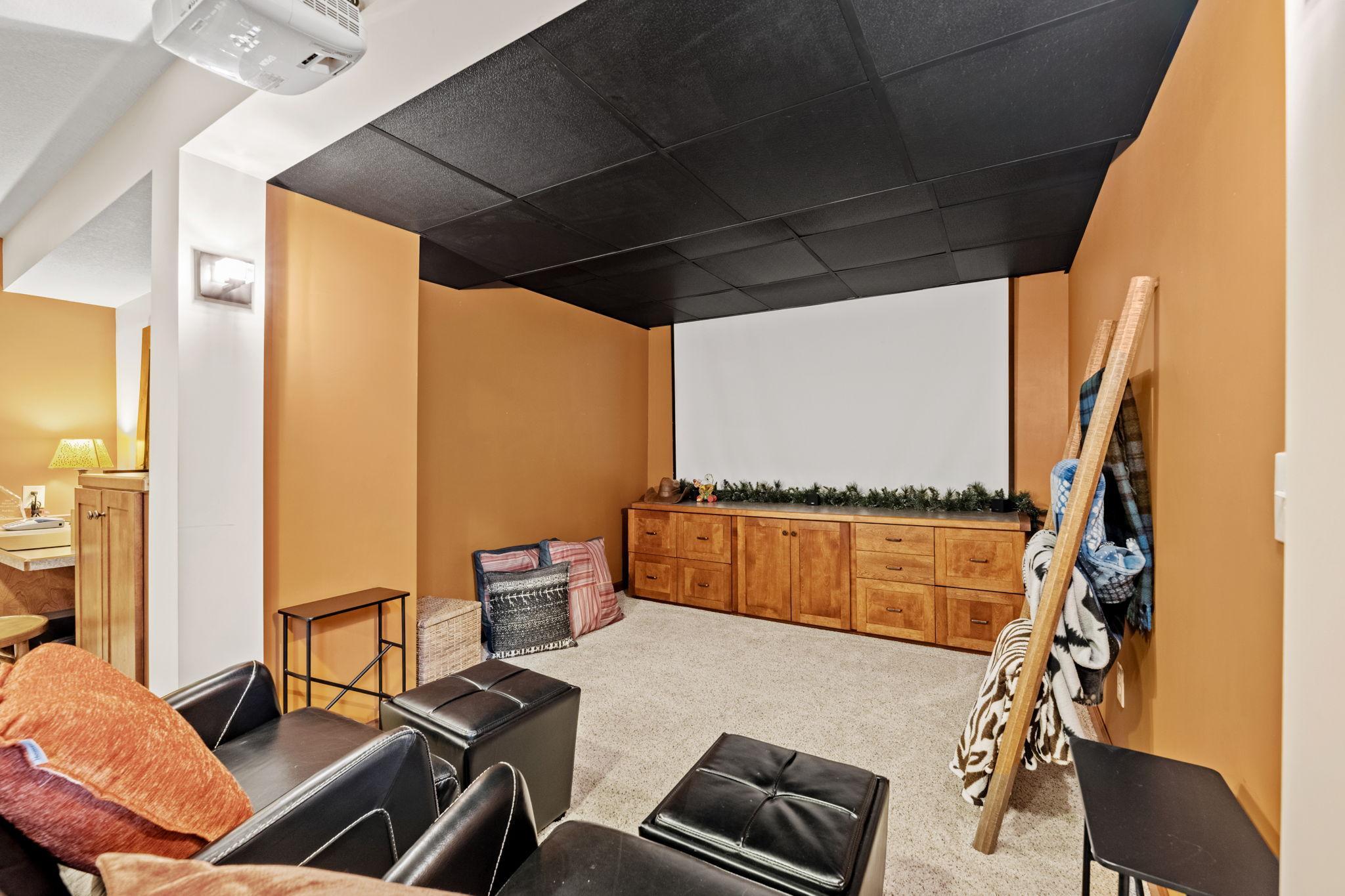 Theater area with Bose sound system, projector and screen