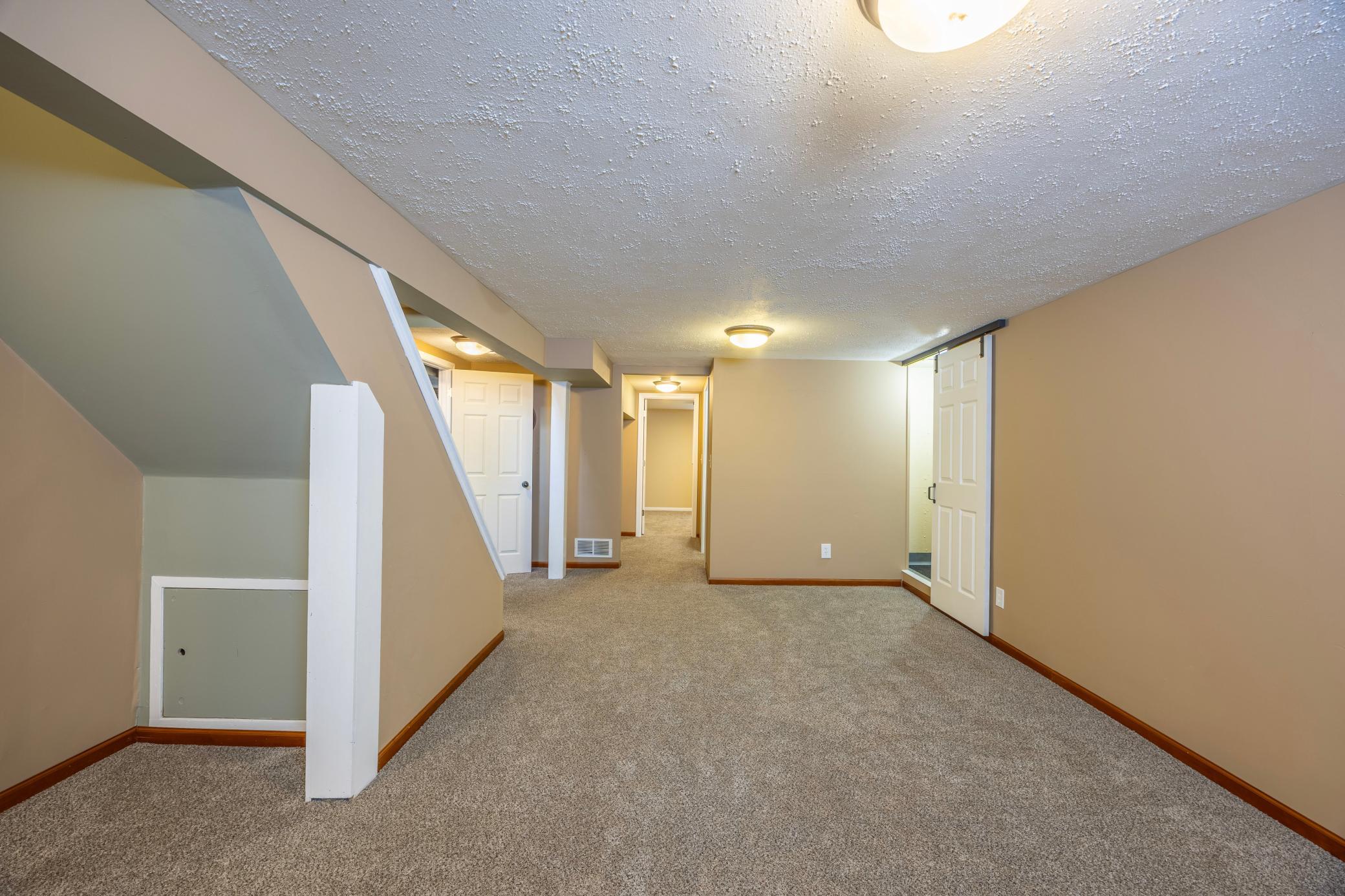 Lower level includes a bedroom, bathroom, and spacious family room