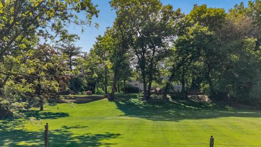 The flat lawn at the back of the yard offers space for hockey, a game of soccer, and so much more!