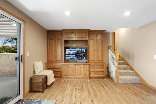 Lowest level living room with a walk out to a stunning patio. Built -ins for home theater.