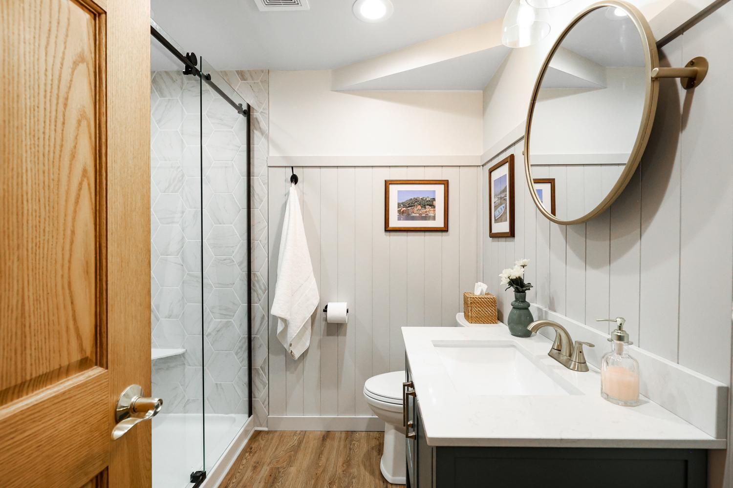 Renovated lower level 3/4 bathroom