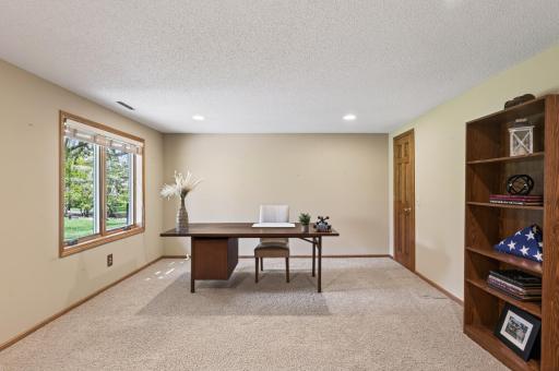 Large basement bedroom that doubles as an office