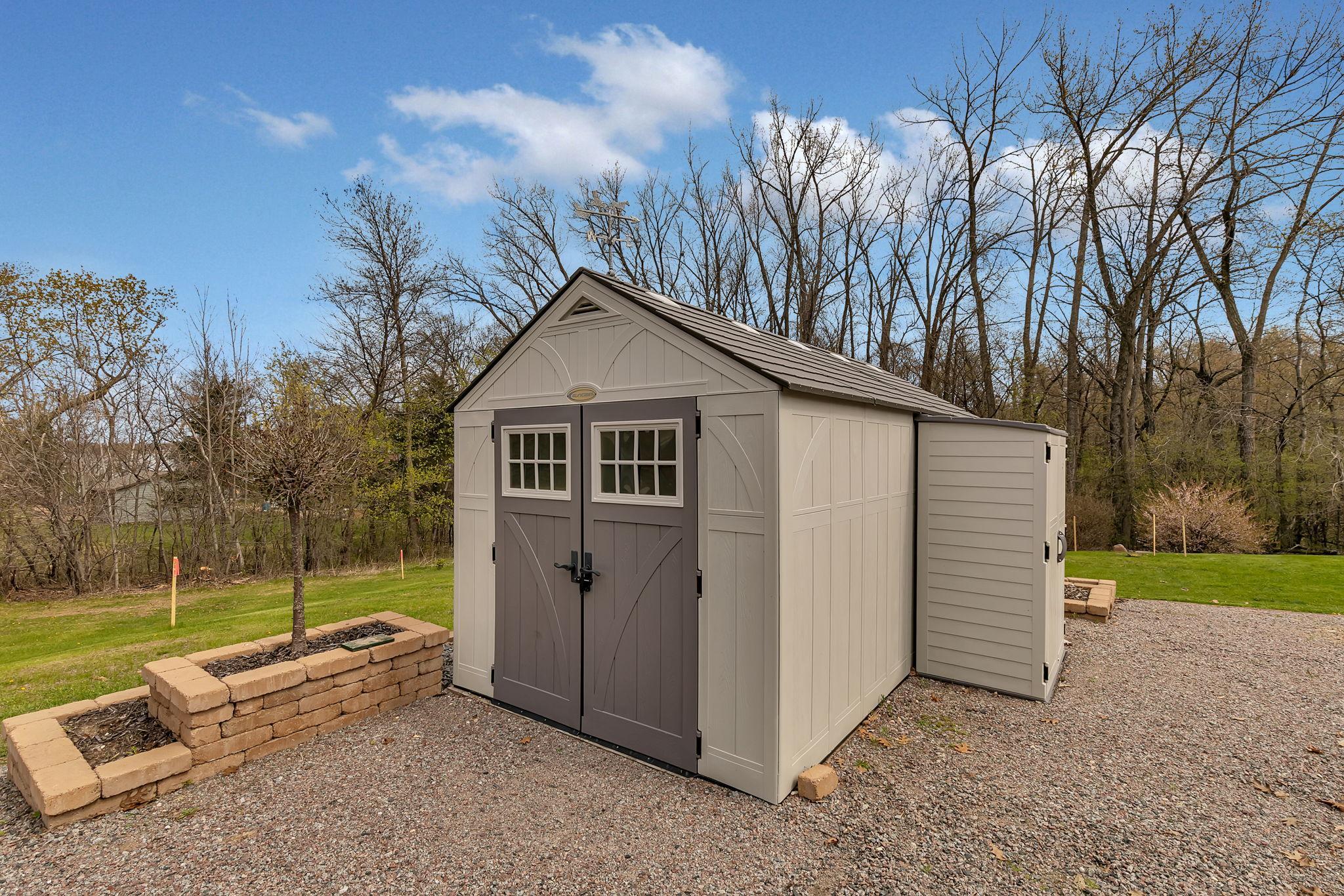 Great storage shed for all your storage needs. This will fit your lawn mower, snow blower, rakes, shovels, garden tools, etc. freeing up space in your garage.