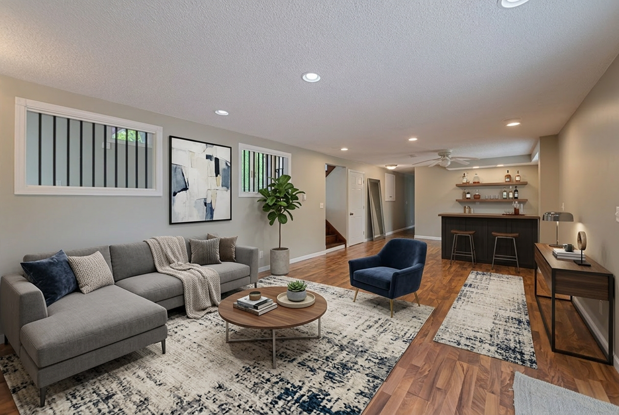 Lower level family room virtually staged # 1