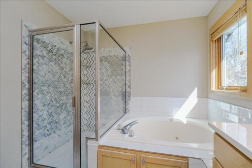 Walk-in shower w/ mosaic tile surround and glass door. Deep soaking jetted jacuzzi tub