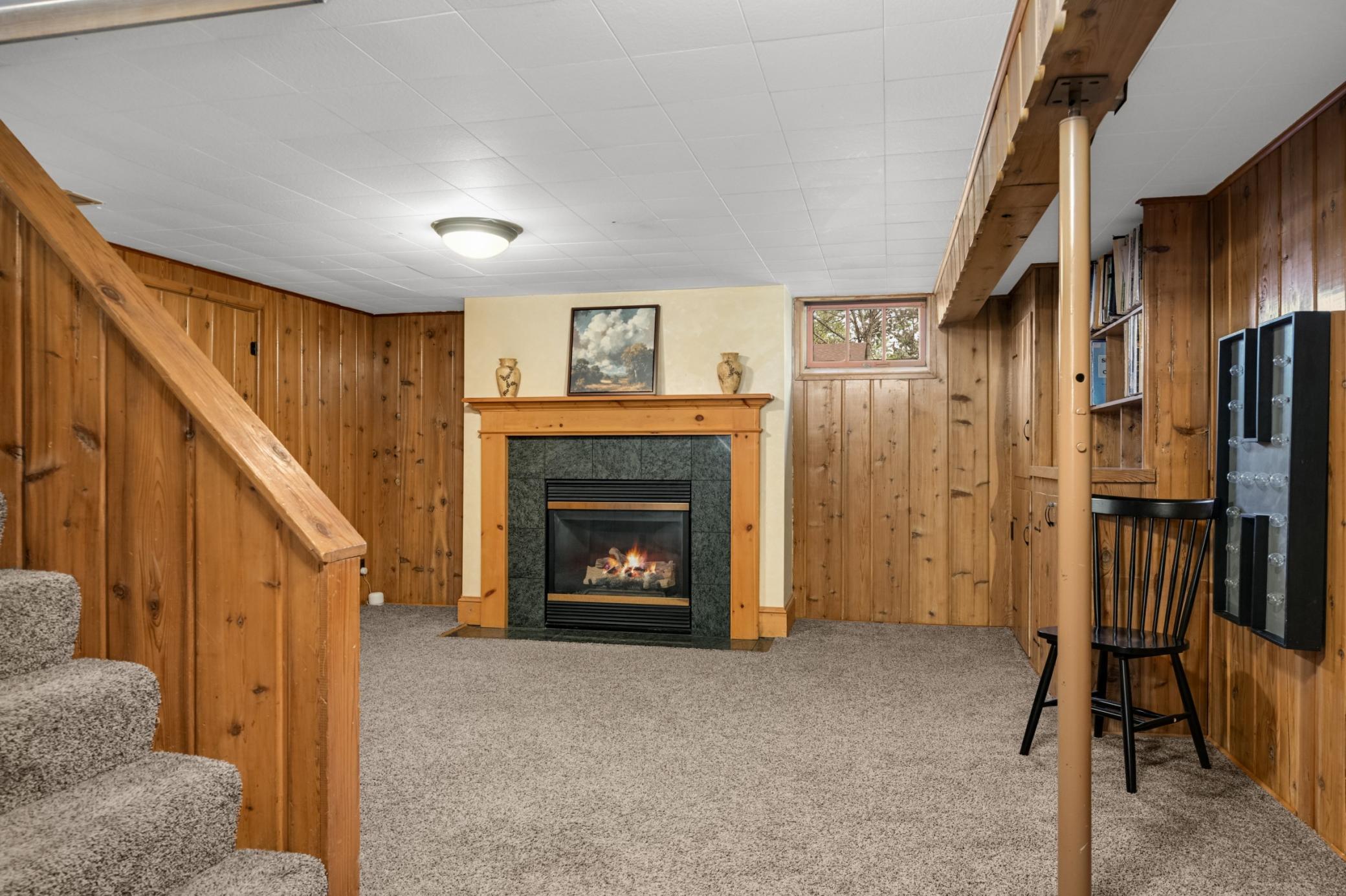 Lower level gas fireplace.