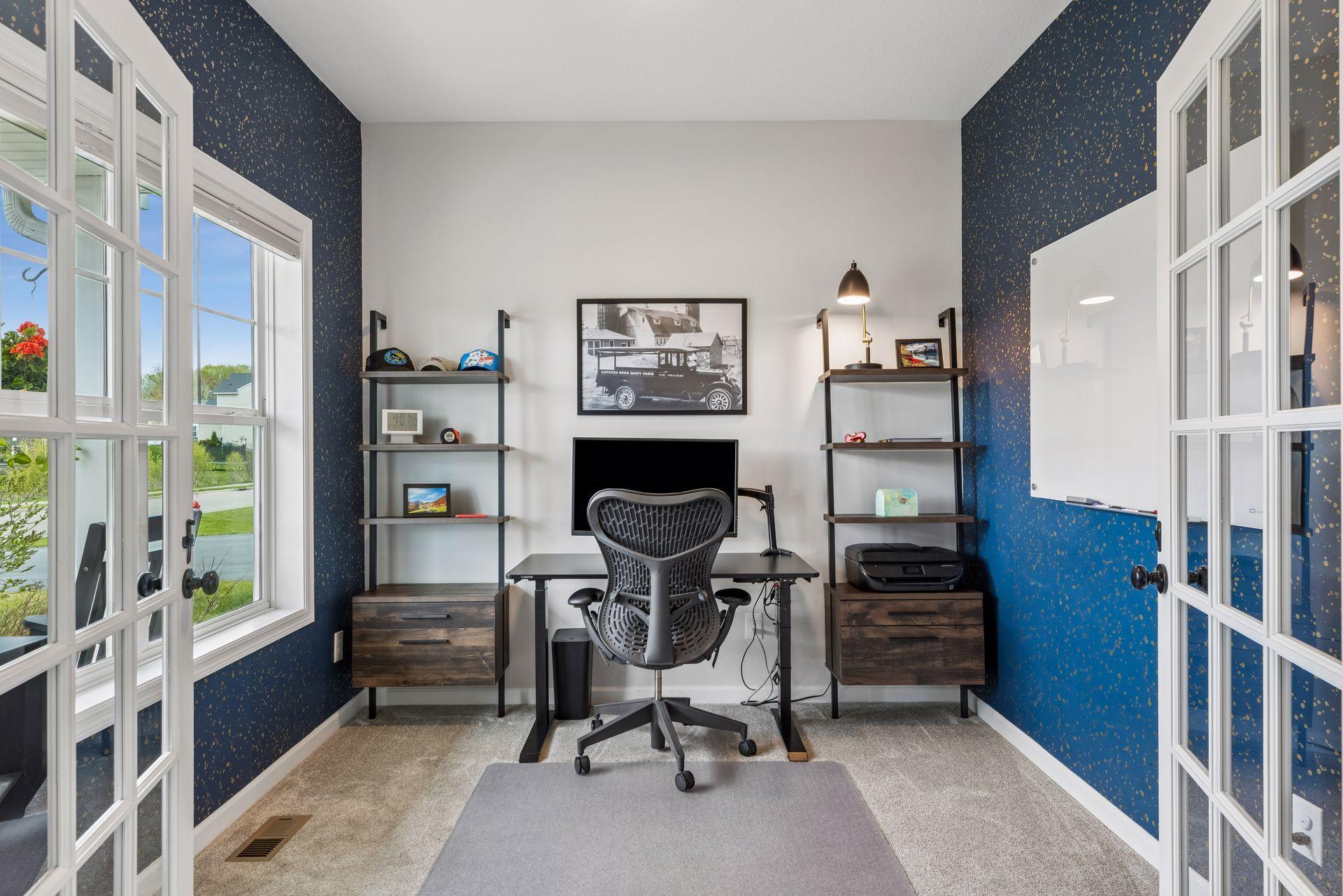 Private main floor office with French doors creates the perfect space for working from home, studying, or a quiet retreat.
