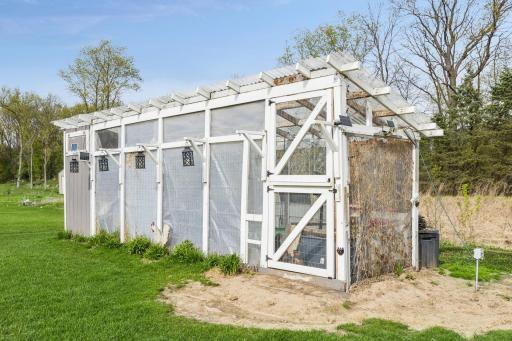 Charming chicken coop adds character to the backyard and offers a fun opportunity for hobby farming or fresh eggs at home.