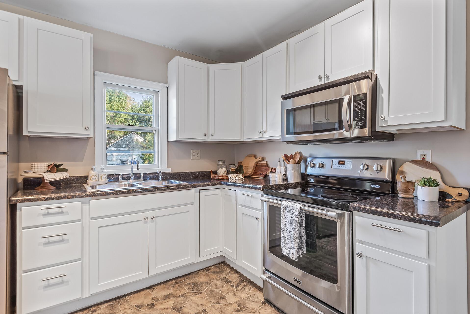 A great view to the backyard from the bright and sunny kitchen