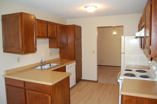 Spacious kitchen area includes the stove, refrigerator and dishwasher.