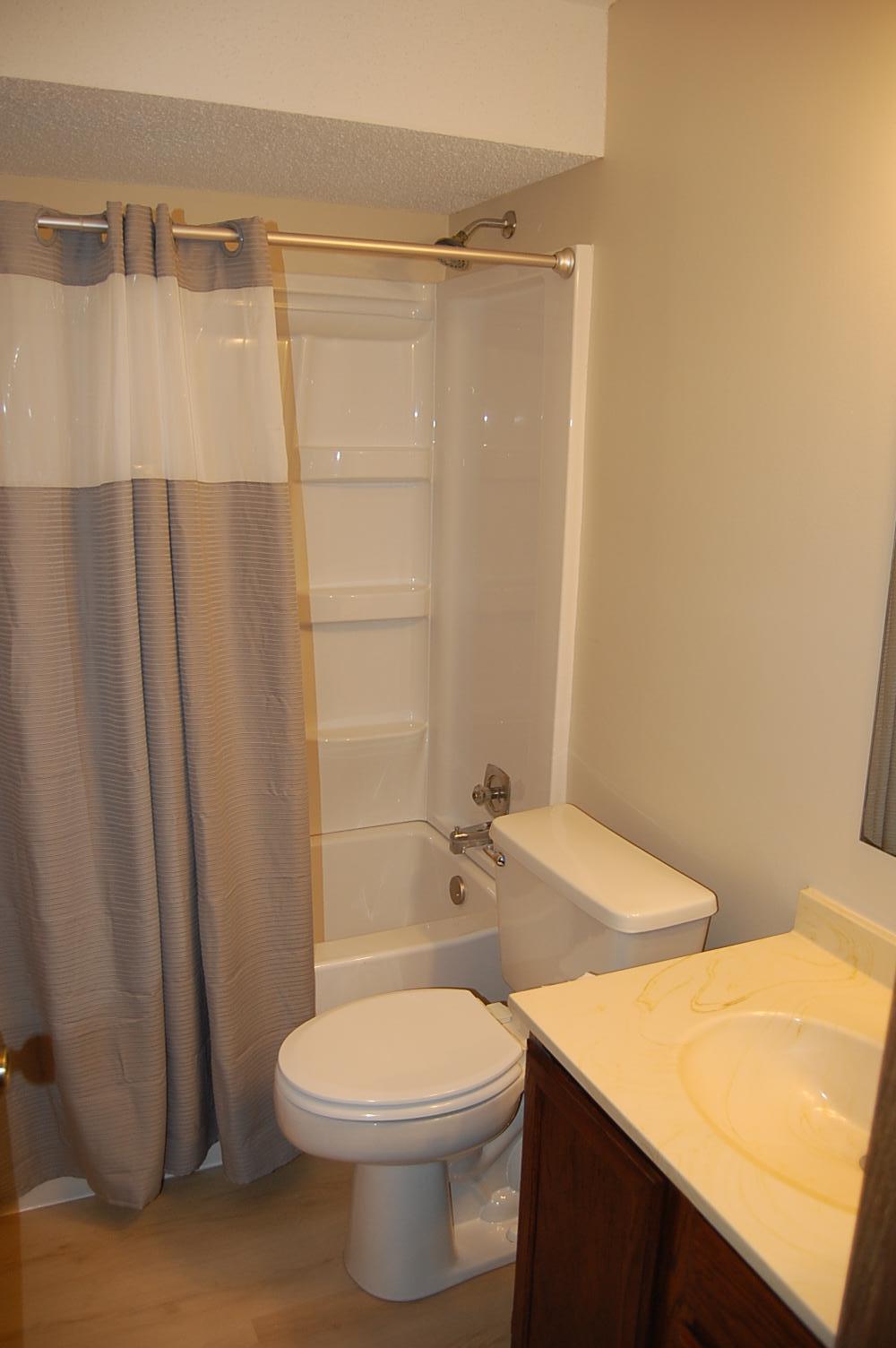 The full bath has a new bathtub, shower and new floor.