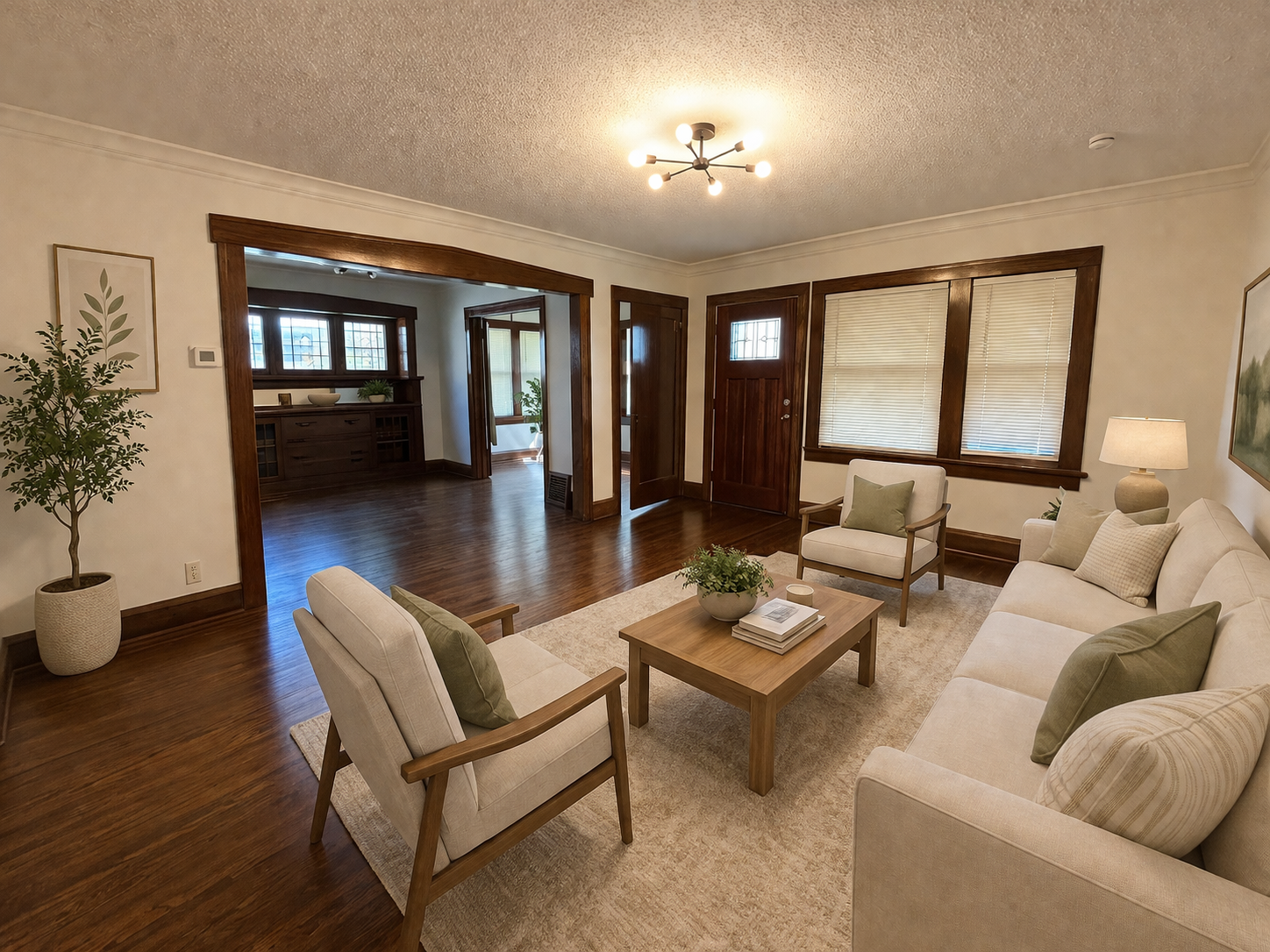 Living room looking at front door virtually staged