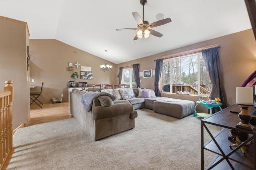 Large open living room with vaulted ceilings