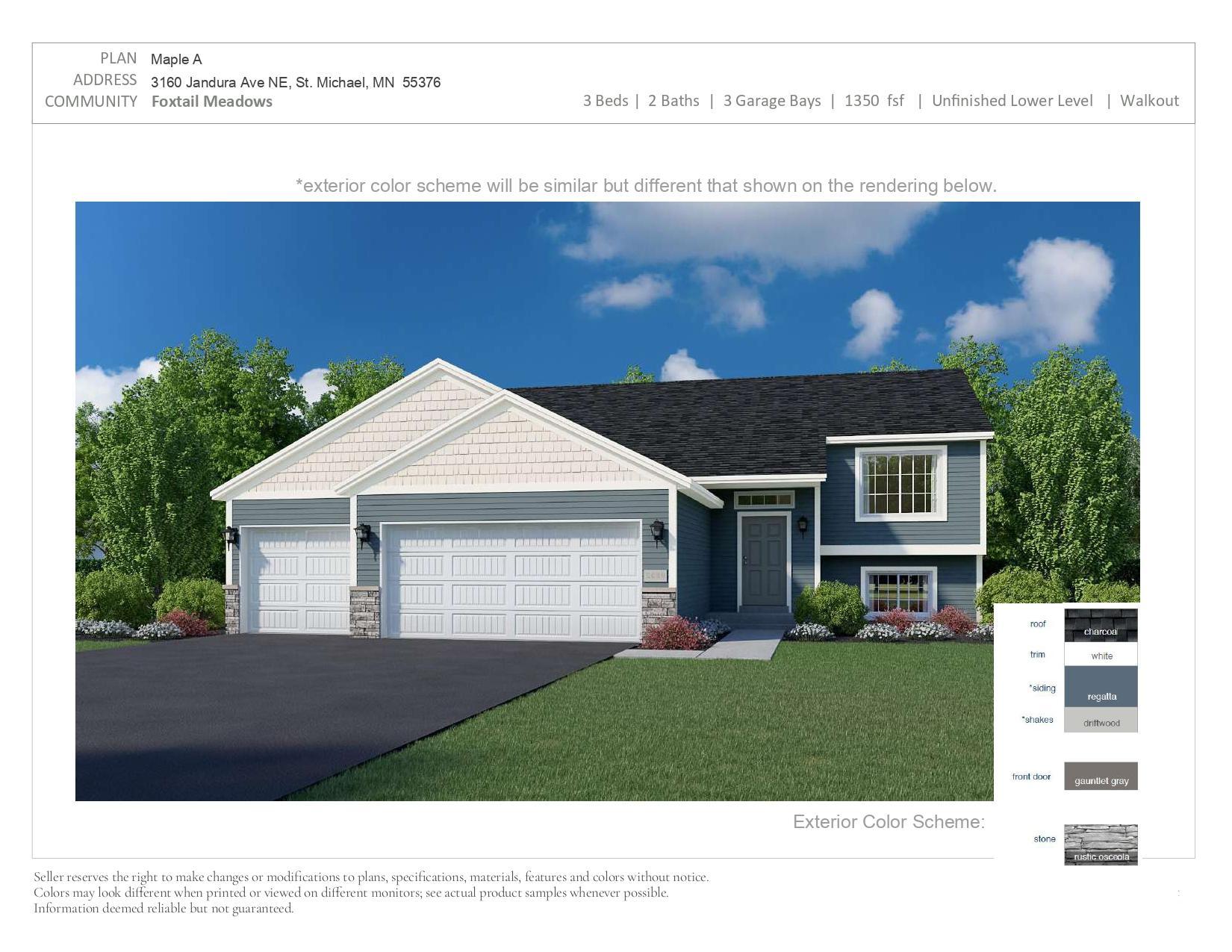 Exterior Color Scheme selected for this home. Rendering showcases a similar but different color scheme.